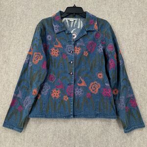 ANN TRINITY Blue Denim Floral Embroidered Jacket Stretch Cotton Size L Designer‎